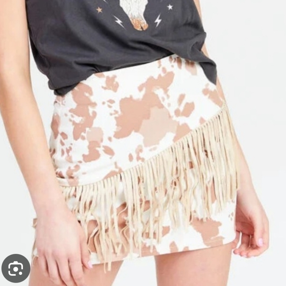 Altar’d State Cow Print Cream/Brown Fringe Mini Skirt Size Small